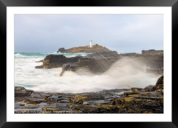 Harmony of Elements: Godrevy Lighthouse in the Dance of Sea and  Framed Mounted Print by Andy Durnin