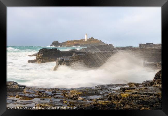 Harmony of Elements: Godrevy Lighthouse in the Dance of Sea and  Framed Print by Andy Durnin