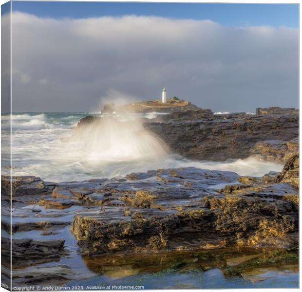 Godrevy Lighthouse, watching Natures Pyrotechnics Show Canvas Print by Andy Durnin
