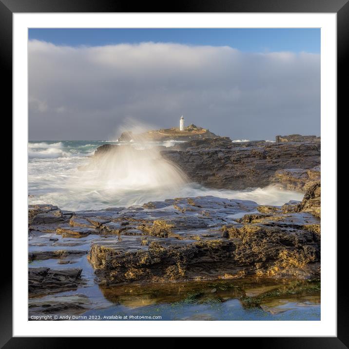 Godrevy Lighthouse, watching Natures Pyrotechnics Show Framed Mounted Print by Andy Durnin