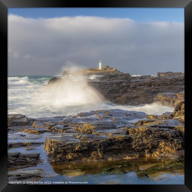 Godrevy Lighthouse, watching Natures Pyrotechnics Show Framed Print by Andy Durnin