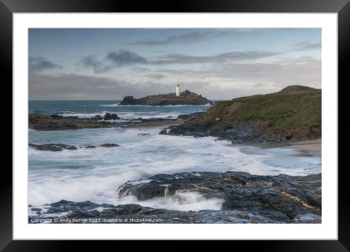 Guardian of the Tides: Godrevy's Dance with the Approaching Stor Framed Mounted Print by Andy Durnin