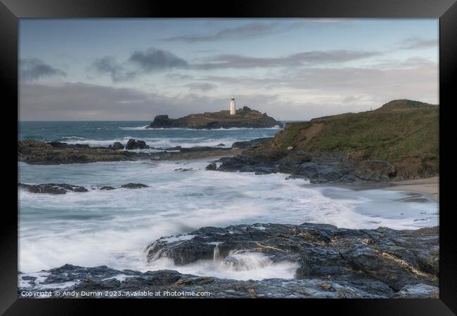 Guardian of the Tides: Godrevy's Dance with the Approaching Stor Framed Print by Andy Durnin