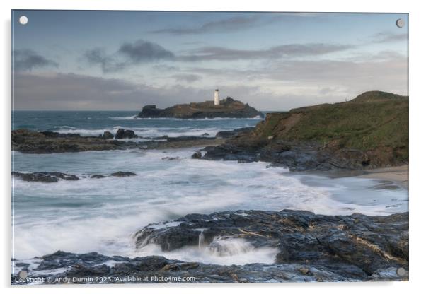 Guardian of the Tides: Godrevy's Dance with the Approaching Stor Acrylic by Andy Durnin