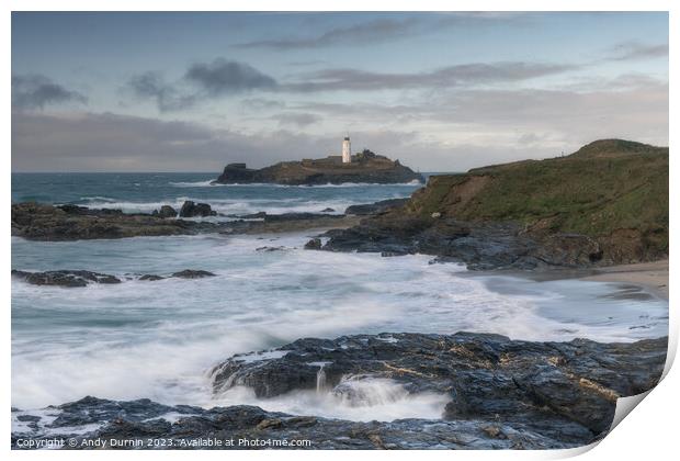 Guardian of the Tides: Godrevy's Dance with the Approaching Stor Print by Andy Durnin