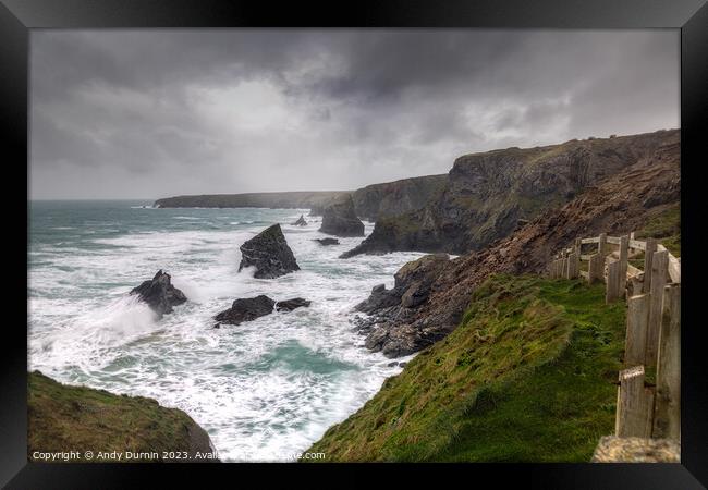 Nature's Fury: Bedruthan Steps in the Storm Framed Print by Andy Durnin