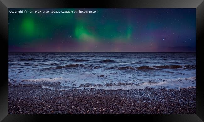 Aurora Borealis glowing over Findhorn Beach Framed Print by Tom McPherson