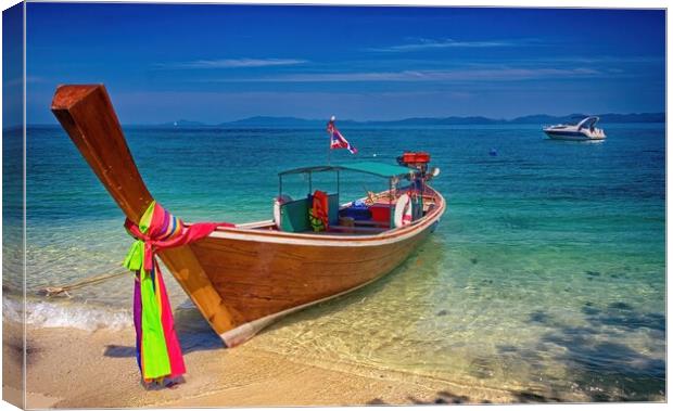 Long tail boat with power boat in the background on Koh Naka isl Canvas Print by Kevin Hellon