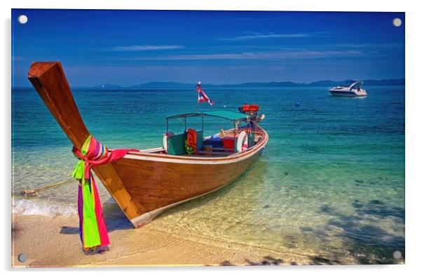 Long tail boat with power boat in the background on Koh Naka isl Acrylic by Kevin Hellon