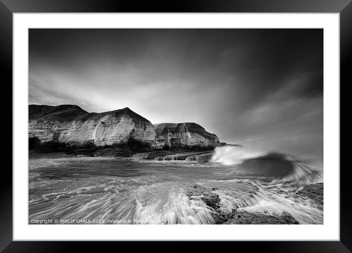 Thornwick bay moody black and white 1013 Framed Mounted Print by PHILIP CHALK