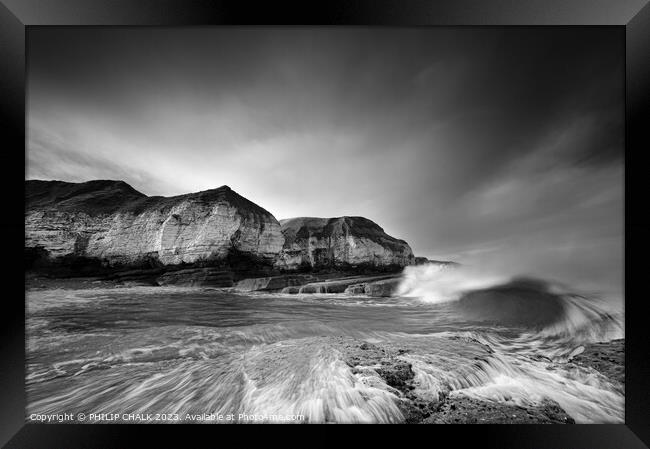 Thornwick bay moody black and white 1013 Framed Print by PHILIP CHALK
