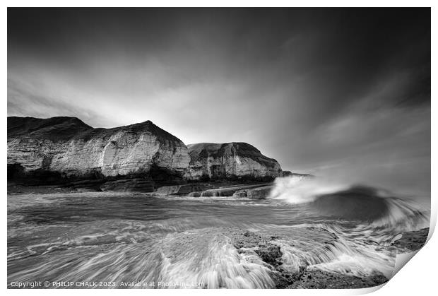 Thornwick bay moody black and white 1013 Print by PHILIP CHALK
