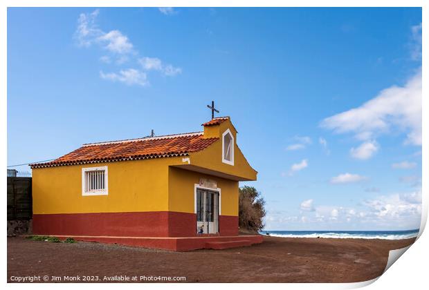 Church by the sea at Punta del Hidalgo, Tenerife Print by Jim Monk