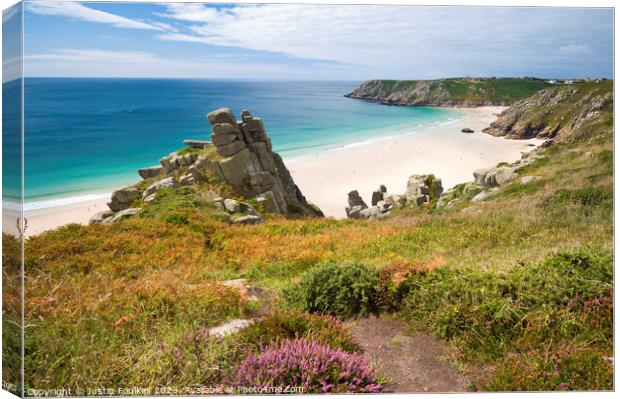 Pednvounder and Porthcurno beaches from Treen Clif Canvas Print by Justin Foulkes