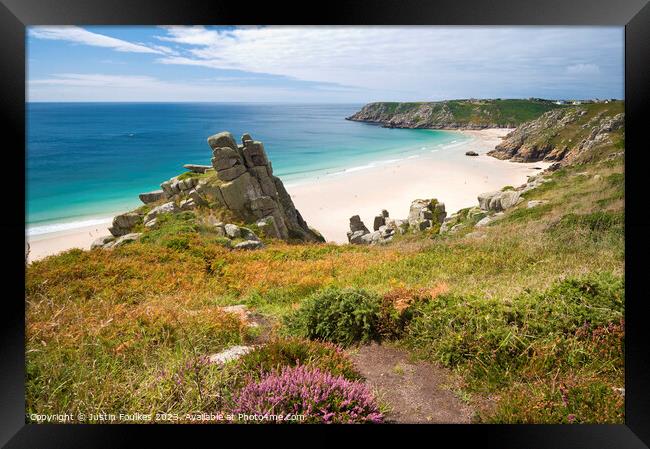 Pednvounder and Porthcurno beaches from Treen Clif Framed Print by Justin Foulkes