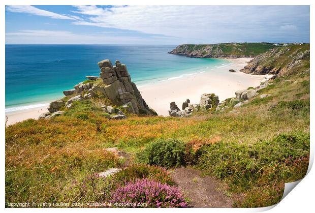 Pednvounder and Porthcurno beaches from Treen Clif Print by Justin Foulkes