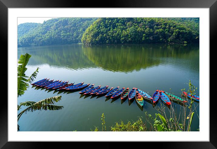 landscape view of boat on Phewa Lake Framed Mounted Print by Ambir Tolang