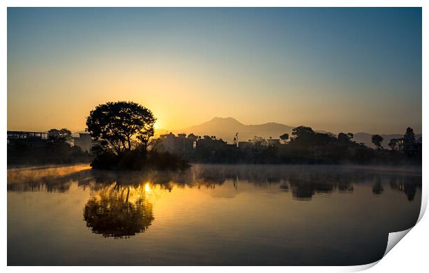 Landscape view of Sunrise over the Taudah lake Print by Ambir Tolang