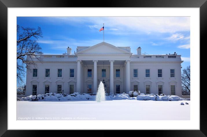 White House Fountain Flag After Snow Pennsylvania Ave Washington Framed Mounted Print by William Perry