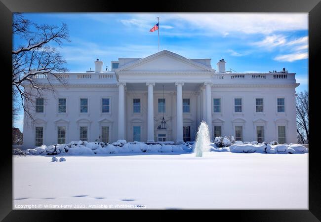 White House Fountain Flag After Snow Pennsylvania Ave Washington Framed Print by William Perry