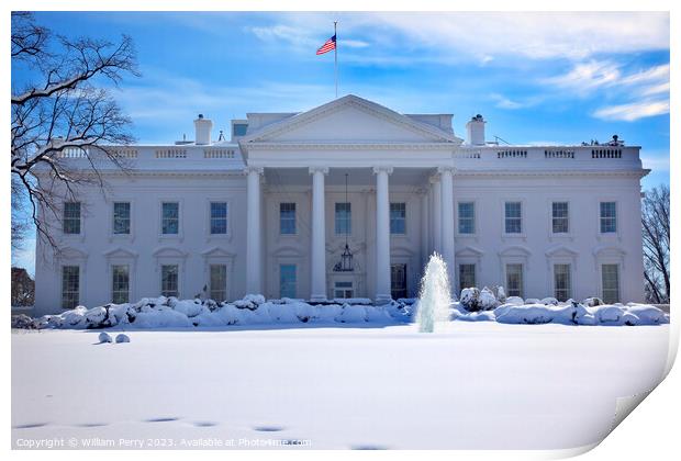White House Fountain Flag After Snow Pennsylvania Ave Washington Print by William Perry