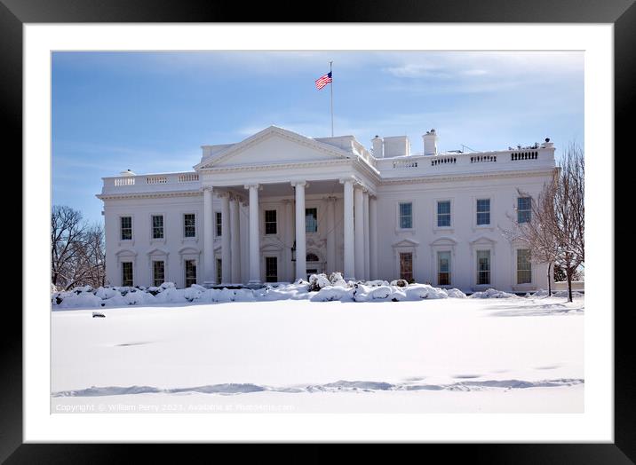 White House Flag  Snow Pennsylvania Ave Washington DC Framed Mounted Print by William Perry