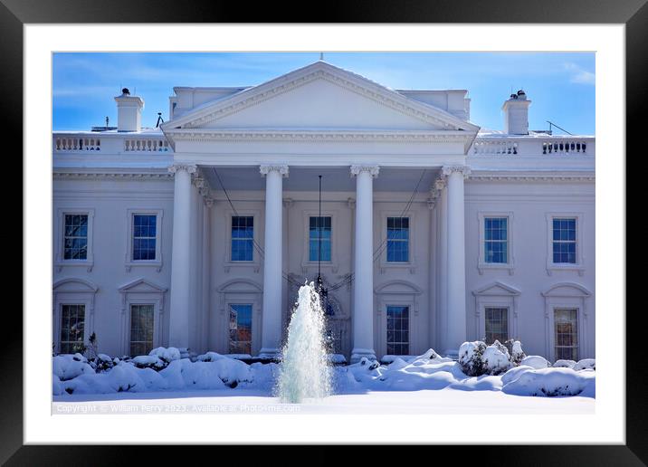 White House Fountain  Snow Pennsylvania Ave Washington DC Framed Mounted Print by William Perry