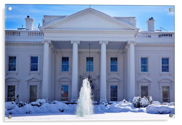 White House Fountain  Snow Pennsylvania Ave Washington DC Acrylic by William Perry