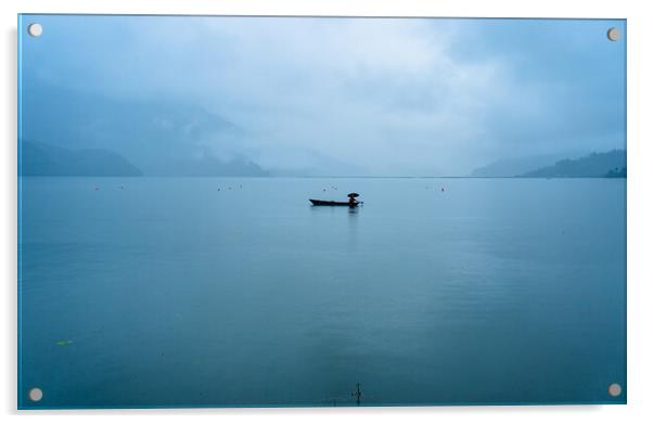 boatman fishing on phewa lake Acrylic by Ambir Tolang