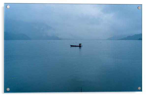 boatman fishing on phewa lake Acrylic by Ambir Tolang
