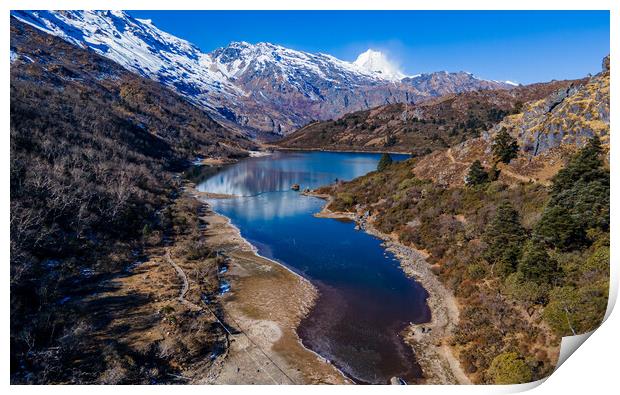 aerial view of Kaltal lake in Gorkha Print by Ambir Tolang