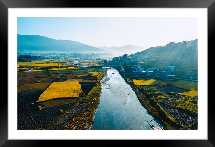 aerial view of paddy farm field and river with a mountain Framed Mounted Print by Ambir Tolang