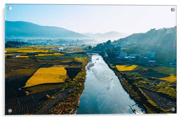 aerial view of paddy farm field and river with a mountain Acrylic by Ambir Tolang