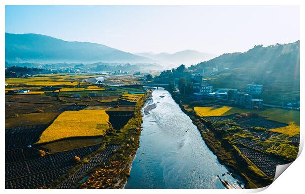 aerial view of paddy farm field and river with a mountain Print by Ambir Tolang