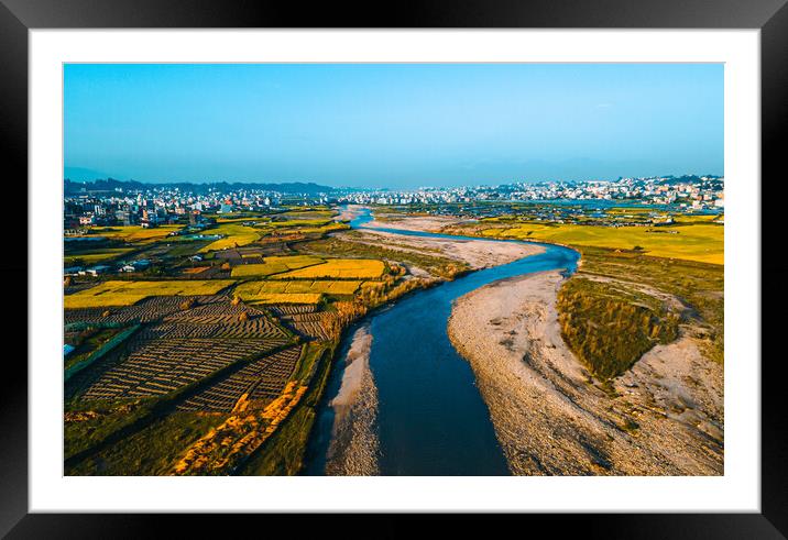 aerial view of paddy farm field and river with a mountain Framed Mounted Print by Ambir Tolang