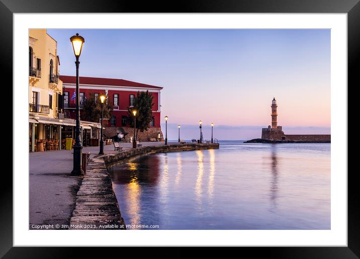 The old venetian harbour of Chania at sunrise Framed Mounted Print by Jim Monk