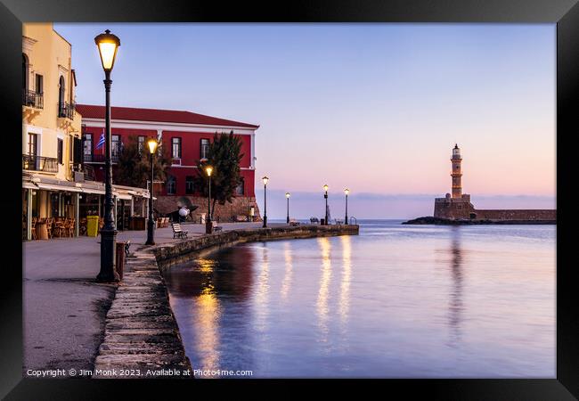 The old venetian harbour of Chania at sunrise Framed Print by Jim Monk