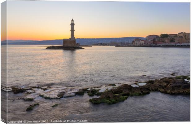 Chania Lighthouse at sunrise Canvas Print by Jim Monk