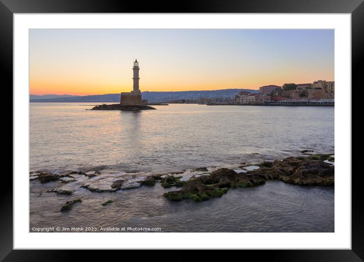 Chania Lighthouse at sunrise Framed Mounted Print by Jim Monk