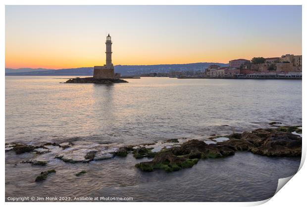 Chania Lighthouse at sunrise Print by Jim Monk