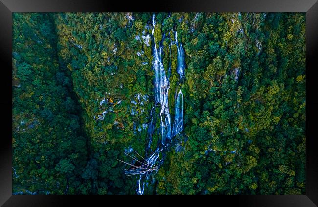 aerial view of Waterfall  in the middle of forest Framed Print by Ambir Tolang