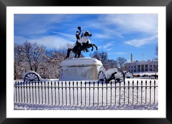 Jackson Statue White House Snow Washington DC Framed Mounted Print by William Perry