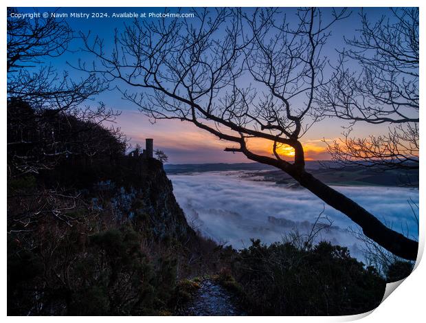 Sunrise and Mist over Kinnoull Hill, Perth Print by Navin Mistry