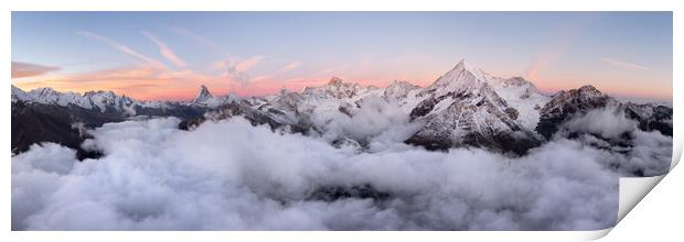Zermatt Valley Matterhorn clould inversion at sunrise aerial Switzerland Print by Sonny Ryse