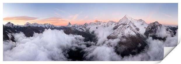 Zermatt Valley Matterhorn clould inversion at sunrise aerial Switzerland 2 Print by Sonny Ryse