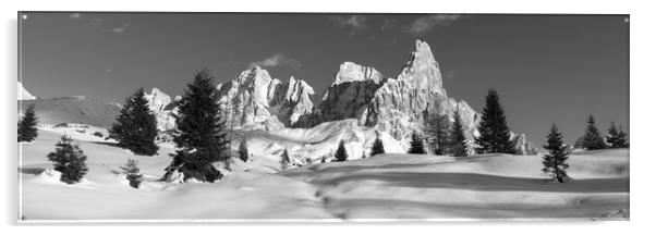 Punta Rolle Passo Rolle in Winter Dolomites Italy Black and whit Acrylic by Sonny Ryse