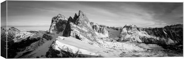 Seceda Alm Ridgeline in Winter Dolomiti Italy Black and white Canvas Print by Sonny Ryse