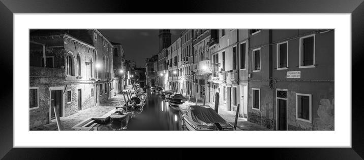 Venezia Venice Canal at night Italy Black and white Framed Mounted Print by Sonny Ryse