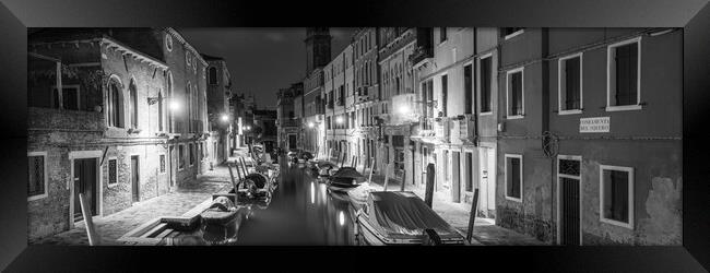 Venezia Venice Canal at night Italy Black and white Framed Print by Sonny Ryse
