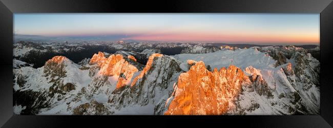 Belvedere Segantini Punta Rolle Aerial Passo Rolle at sunset in Winter Dolomites Italy Framed Print by Sonny Ryse